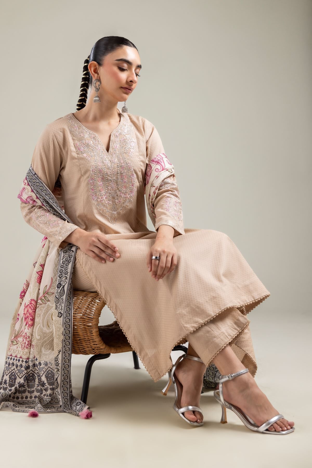 Beige Embroidered Kurta