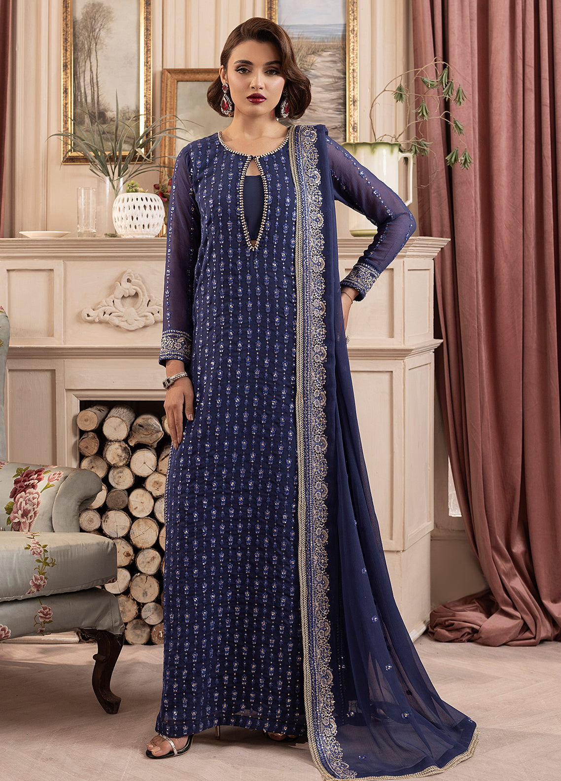 Sahane Elyssa Festive Chiffon 3-Piece Unstitched Suit CT-19002 Elle Navy Blue