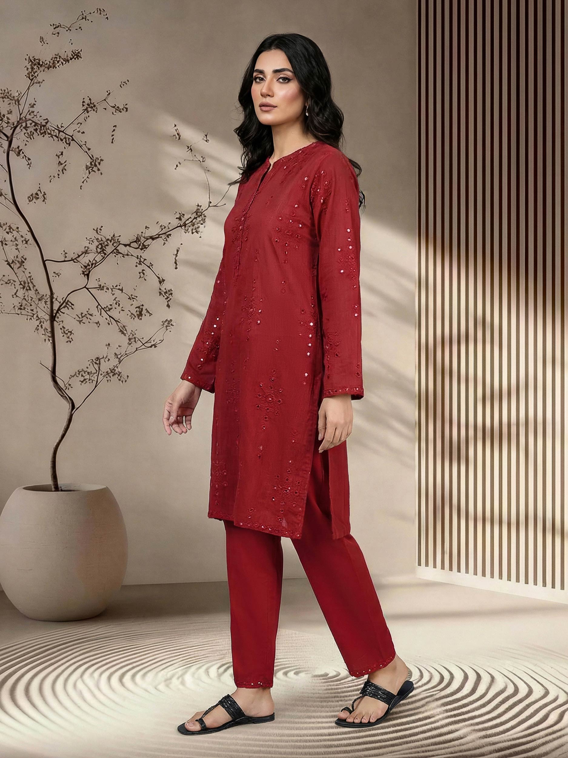 Limelight 2-Piece Lawn Glitter Embroidered Pret Suit Red