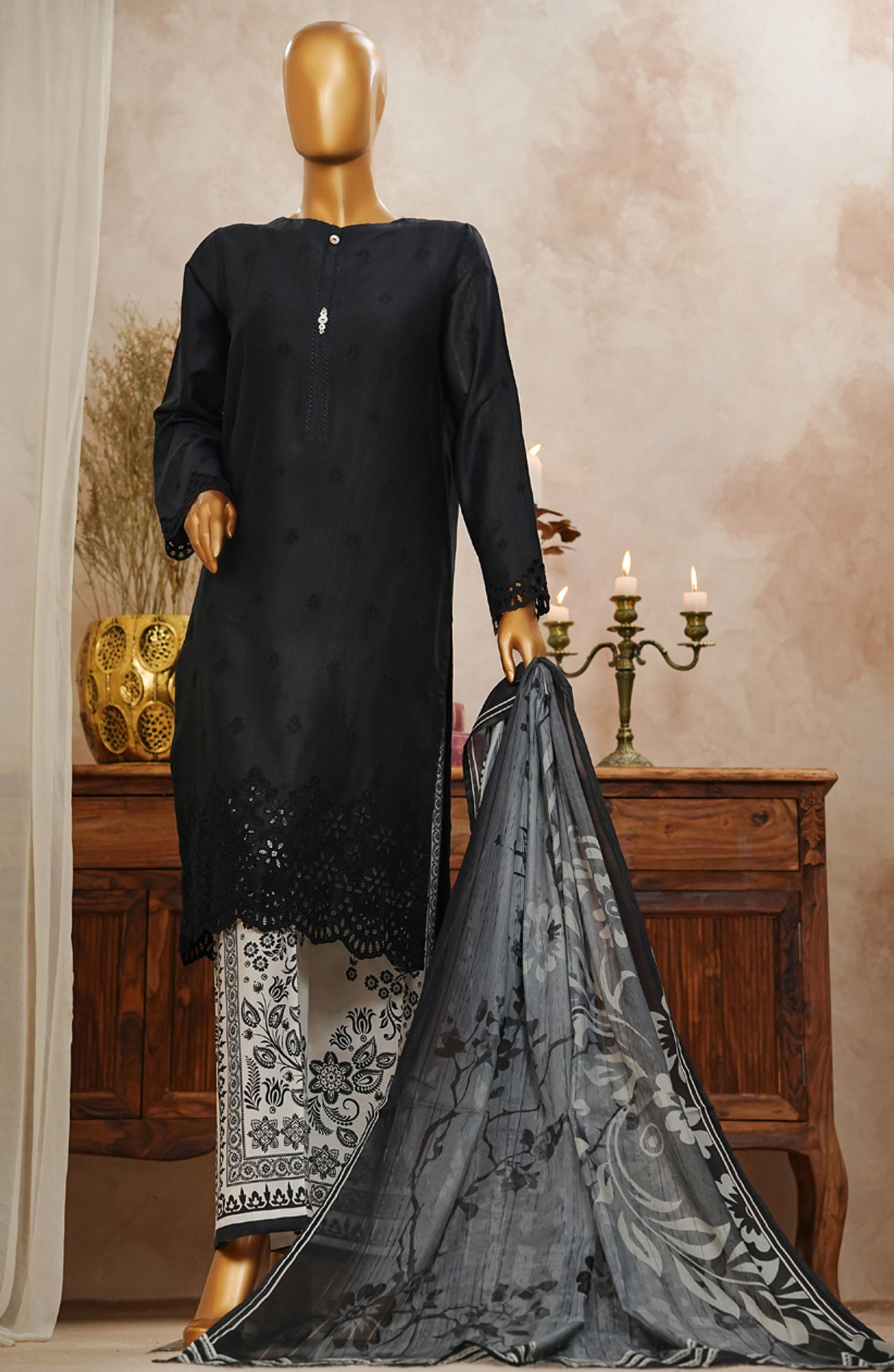 HZ Textile Chikankari Slub Stitched 3-Piece Suit SSPE-3P-001 Black