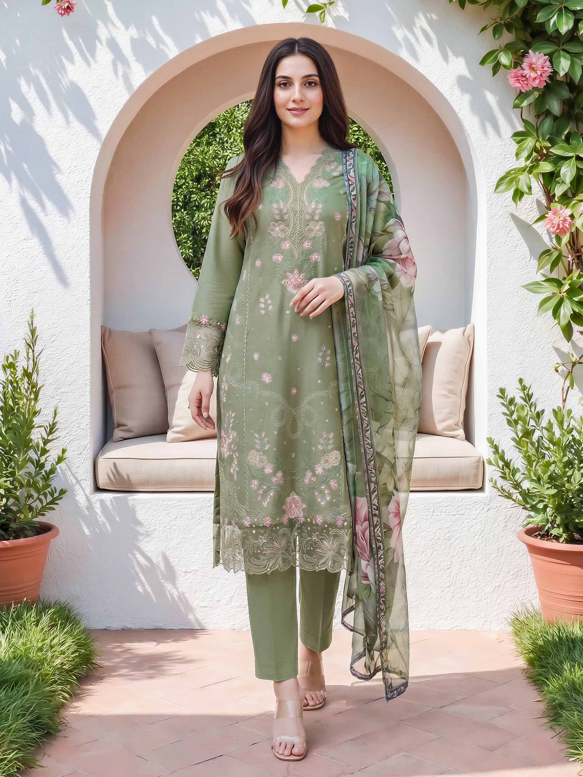 Limelight 3-Piece Satin Embroidered Unstitched Suit Green
