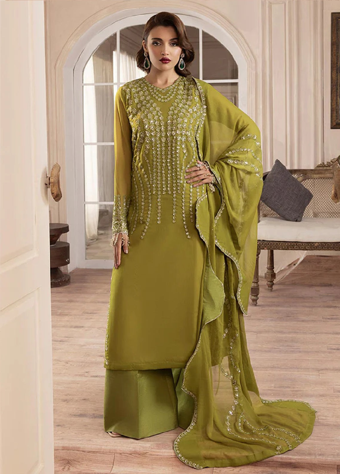 Sahane Elyssa Embroidered Chiffon 3-Piece Unstitched Suit CT-19001 Parrot Green