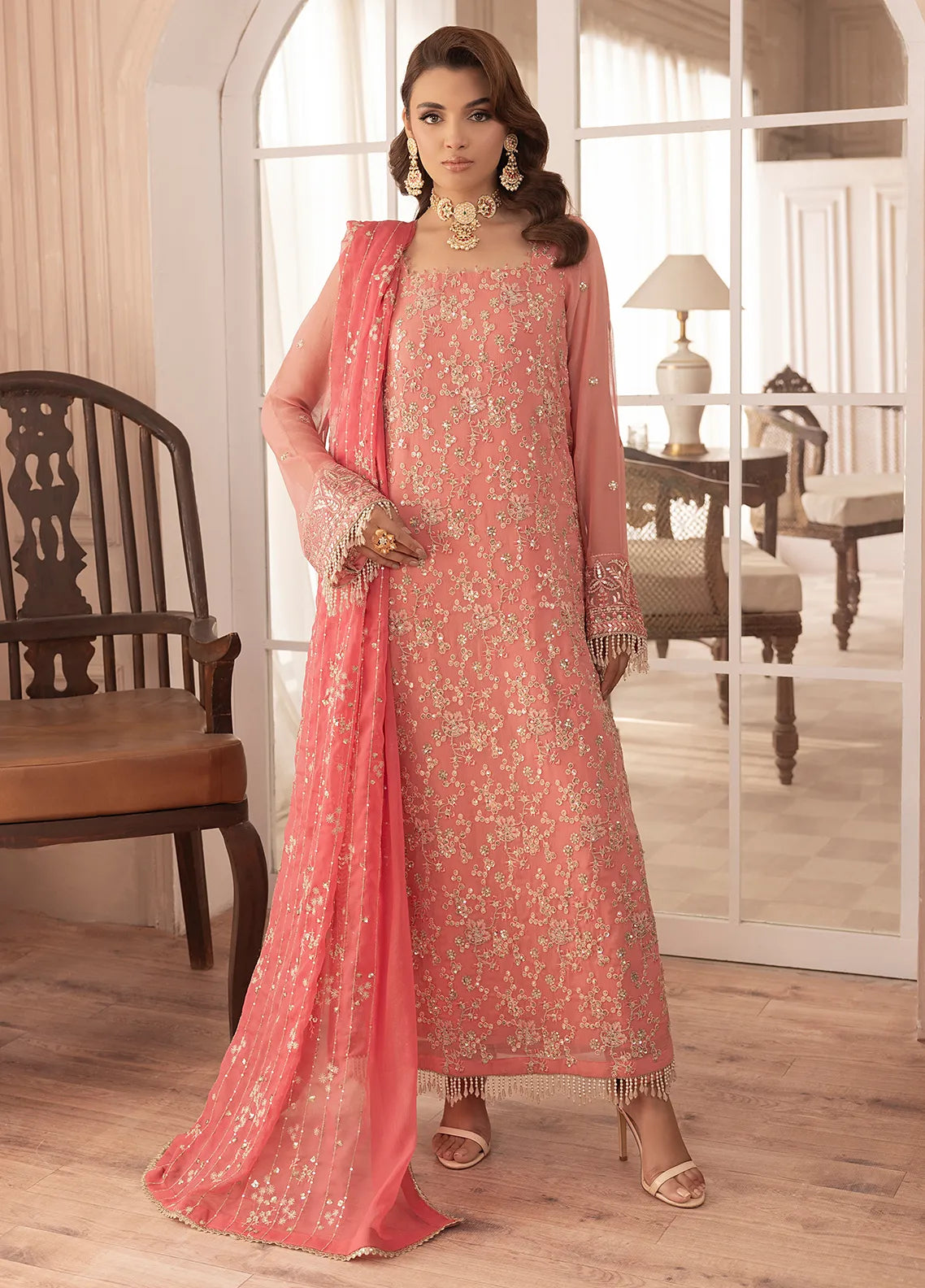 Sahane Elyssa Embroidered Chiffon 3-Piece Unstitched Suit CT-19003 Rosa