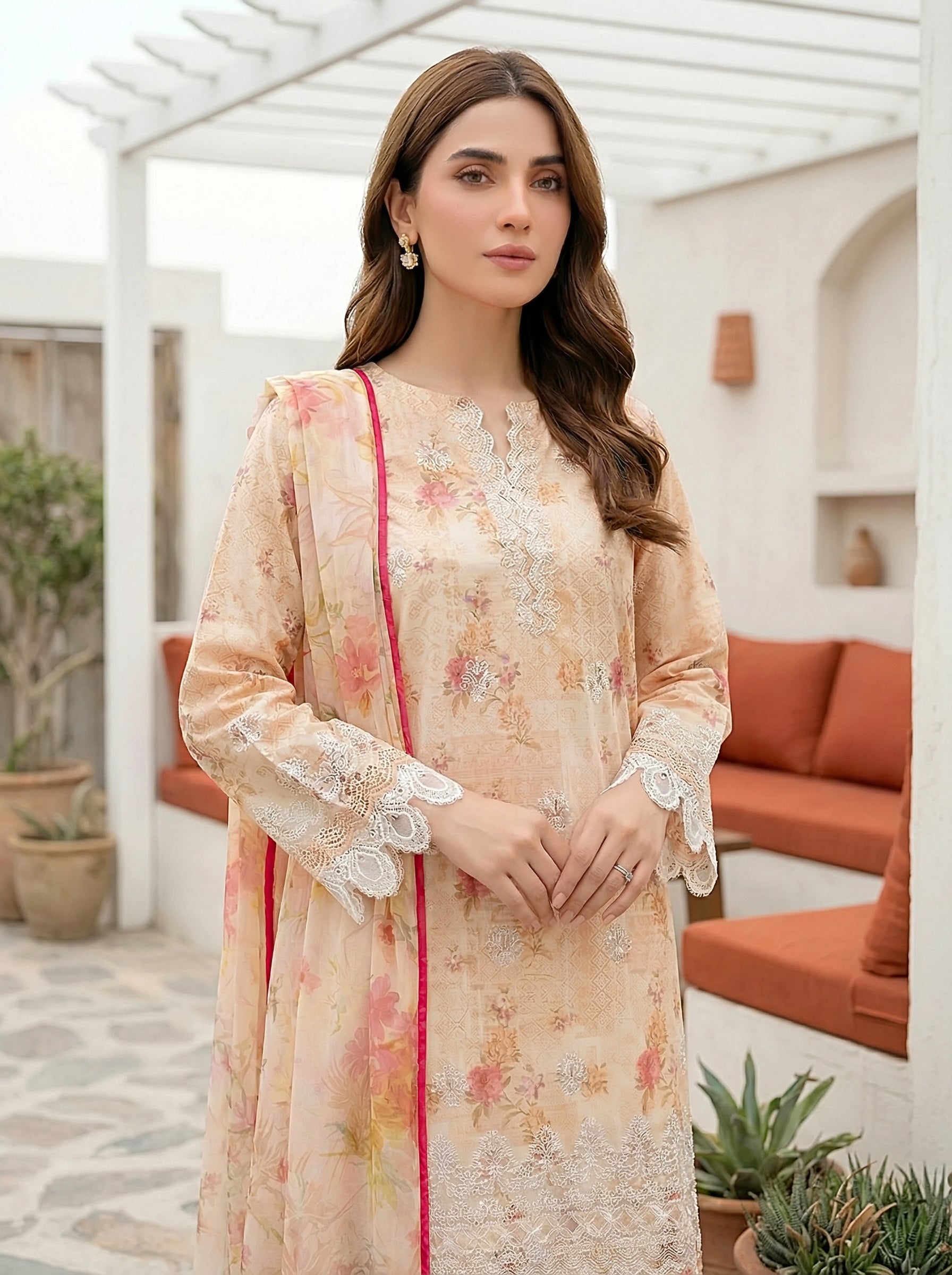 03 Piece Unstitched Printed Embroidered with Printed Lawn Dupatta - Image 5