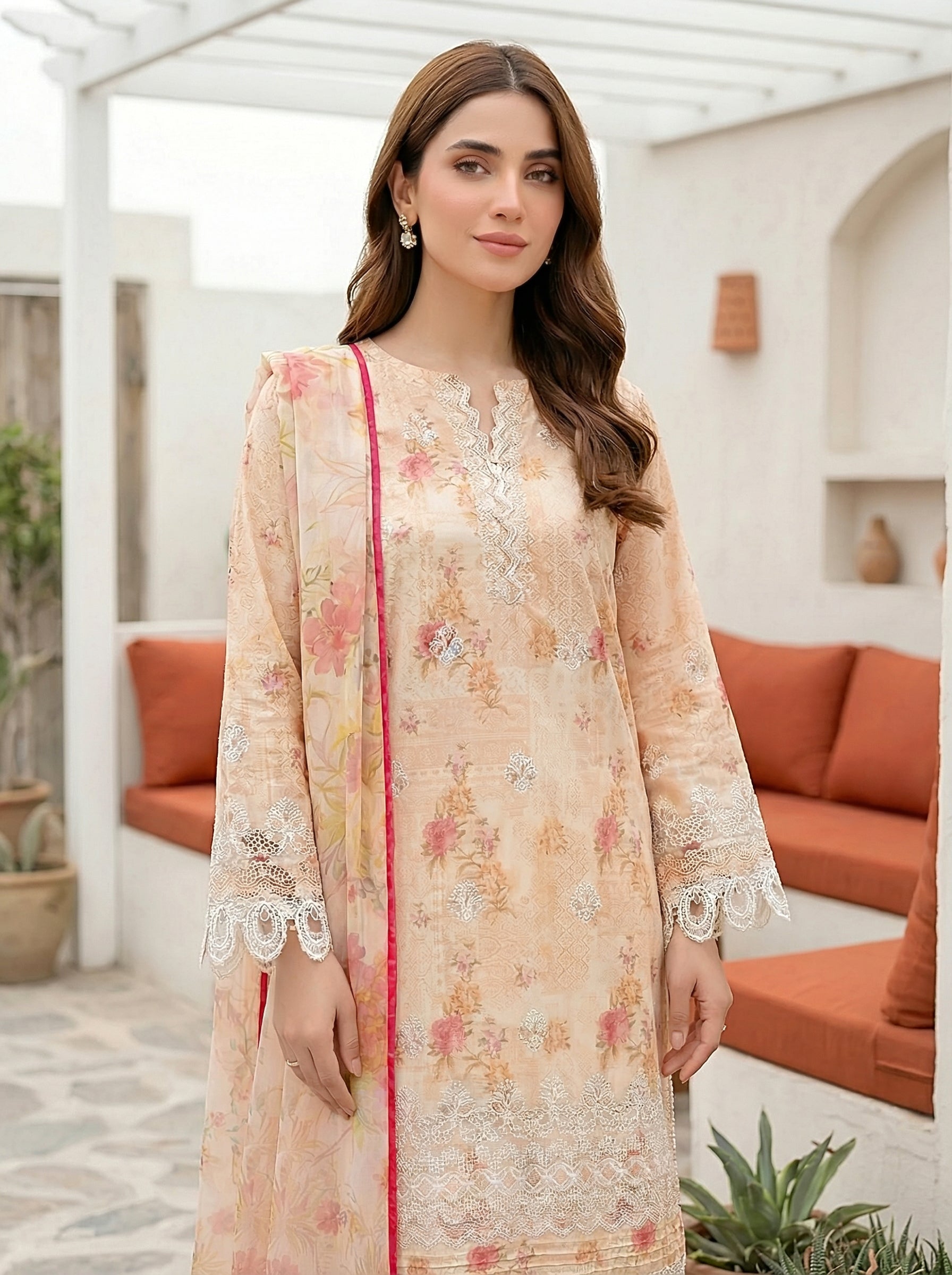 03 Piece Unstitched Printed Embroidered with Printed Lawn Dupatta - Image 6