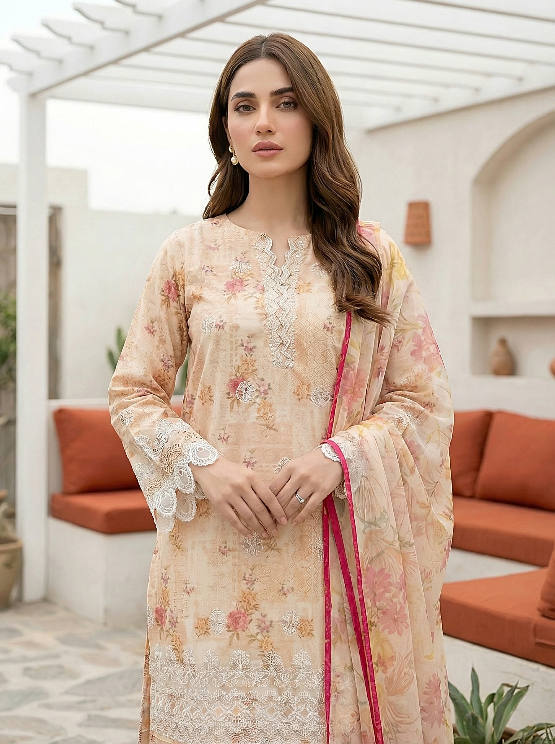03 Piece Unstitched Printed Embroidered with Printed Lawn Dupatta - Image 2