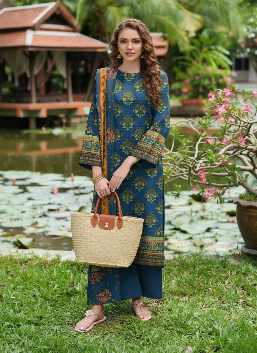 House of Lala Madham V7 - Blue Marigold Stitched Suit